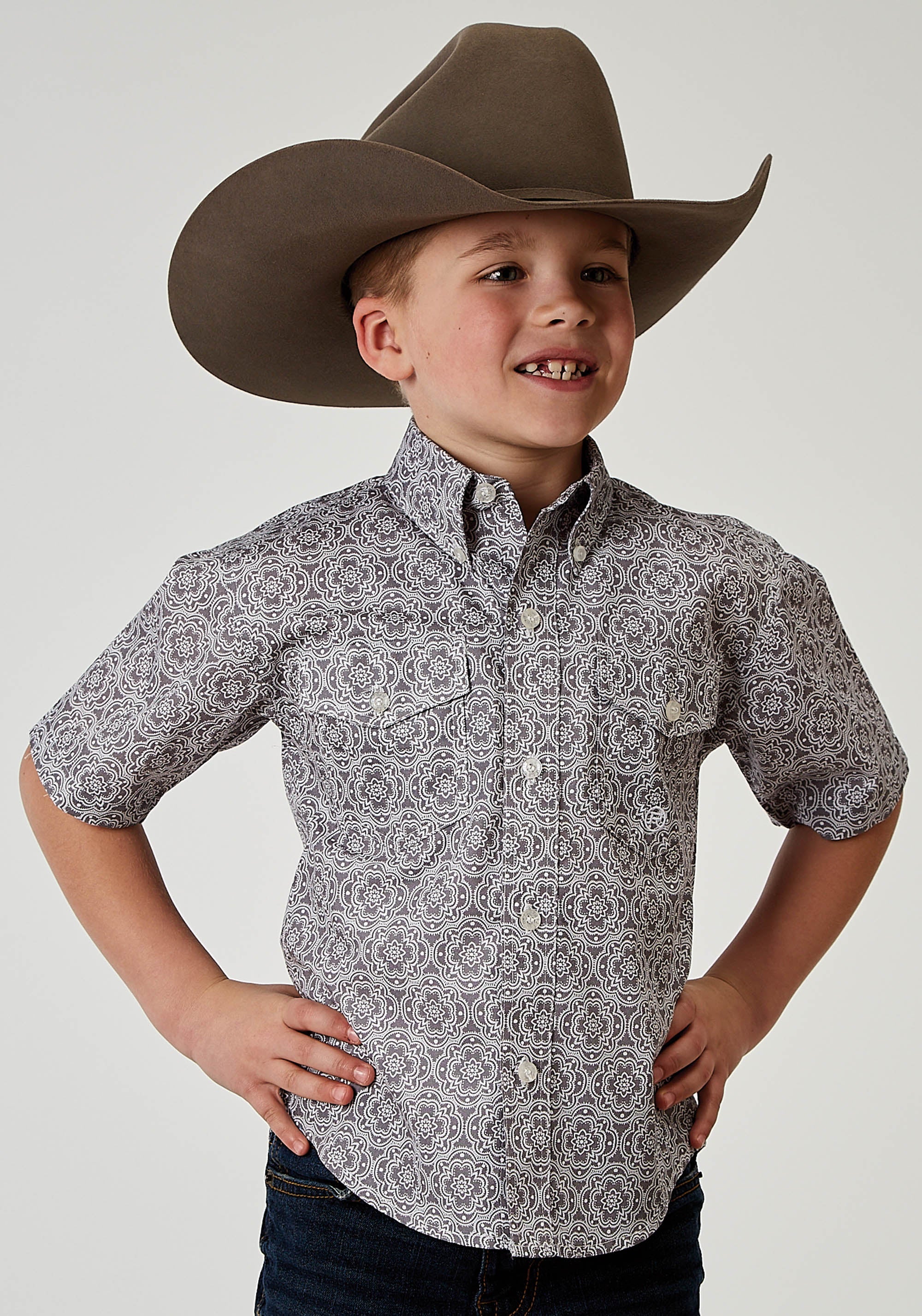 Roper Boys Short Sleeve Button Silver Medallion Western Shirt