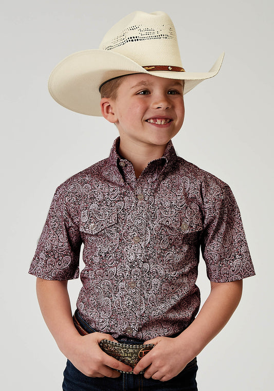 Roper Boys Short Sleeve Button Stretch Poplin Red Paisley Western Shirt