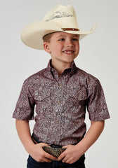 Roper Boys Short Sleeve Button Stretch Poplin Red Paisley Western Shirt