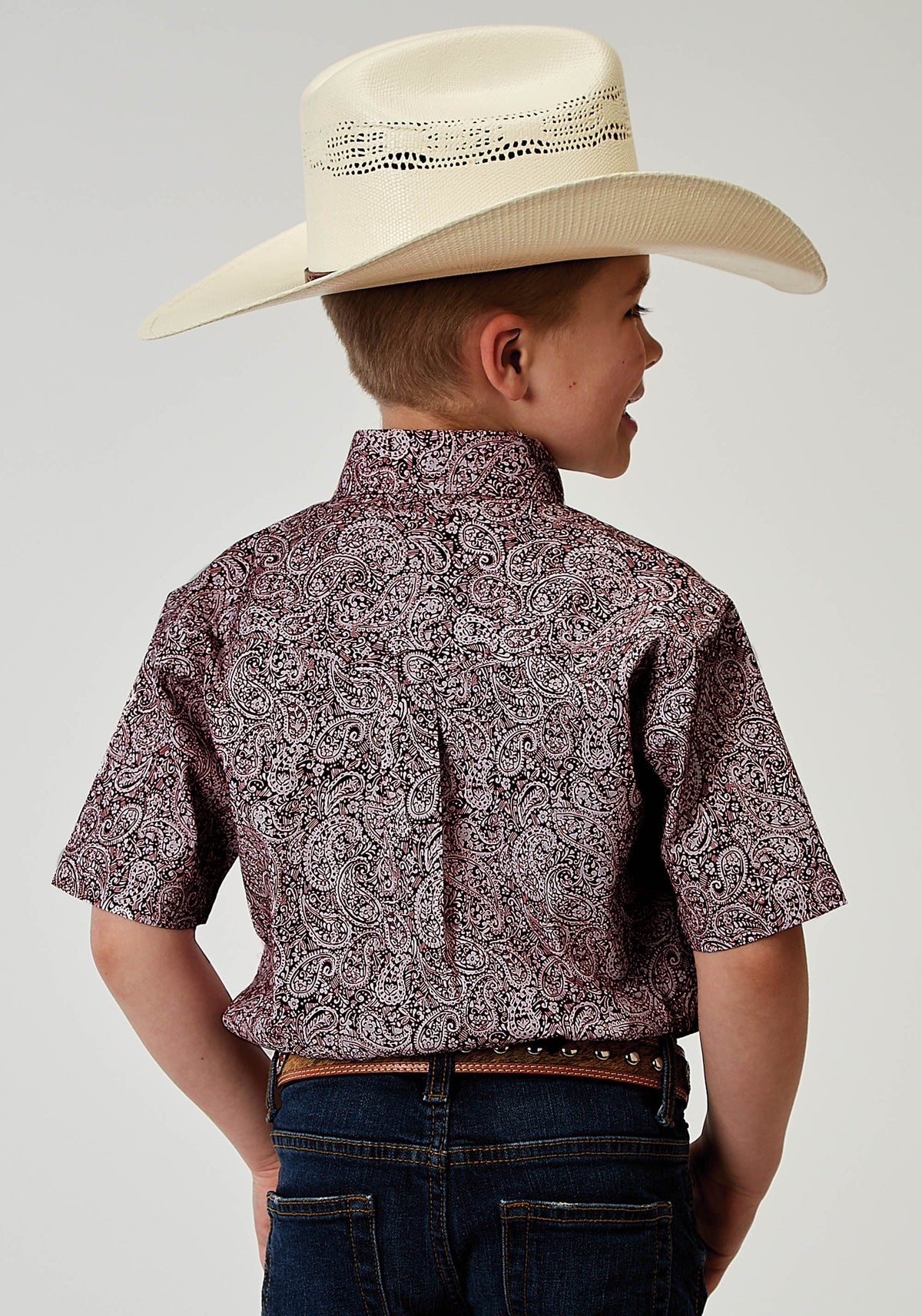 Roper Boys Short Sleeve Button Stretch Poplin Red Paisley Western Shirt