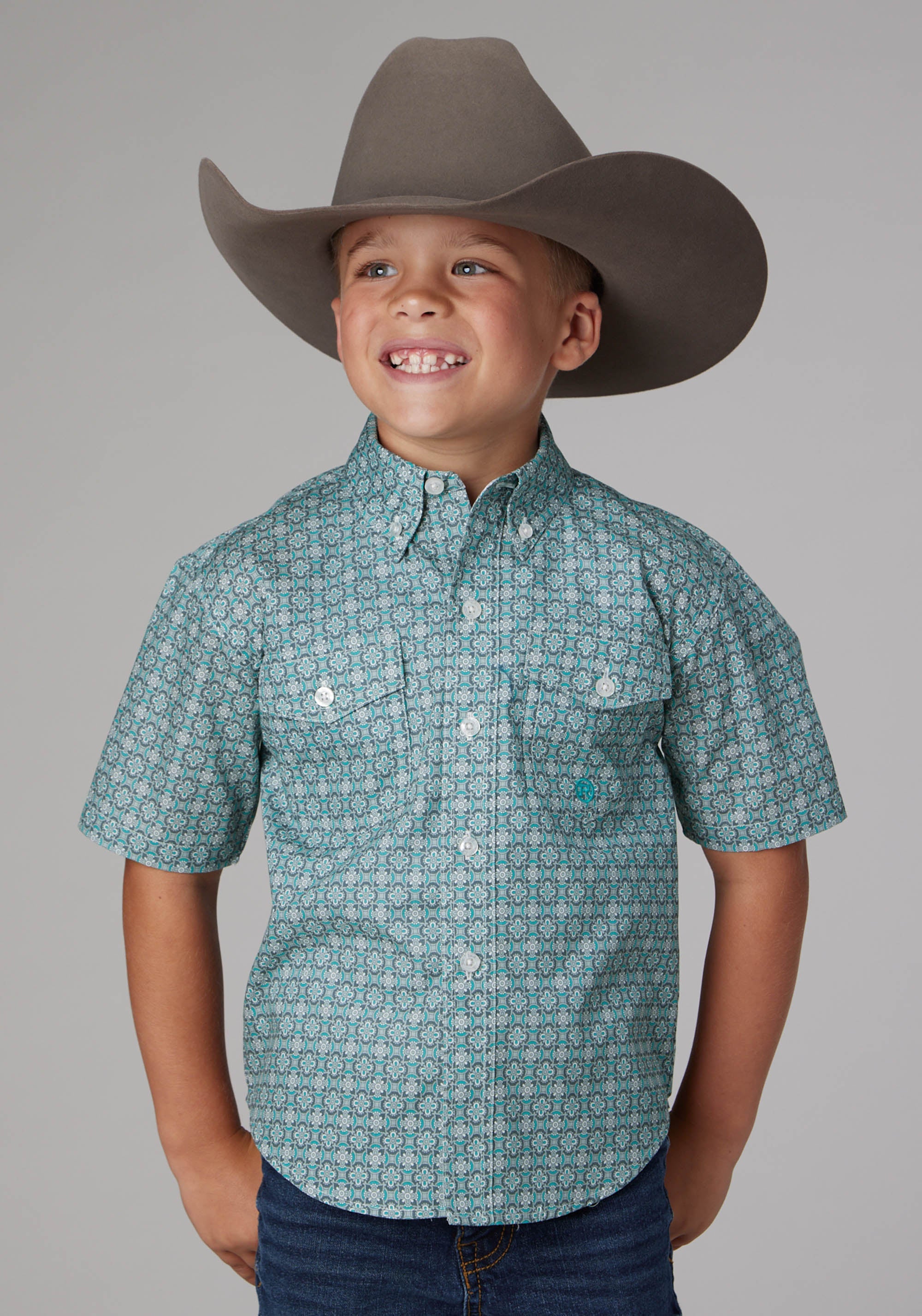 Roper Boys Short Sleeve Button Silver Spring Foulard Western Shirt - Roper