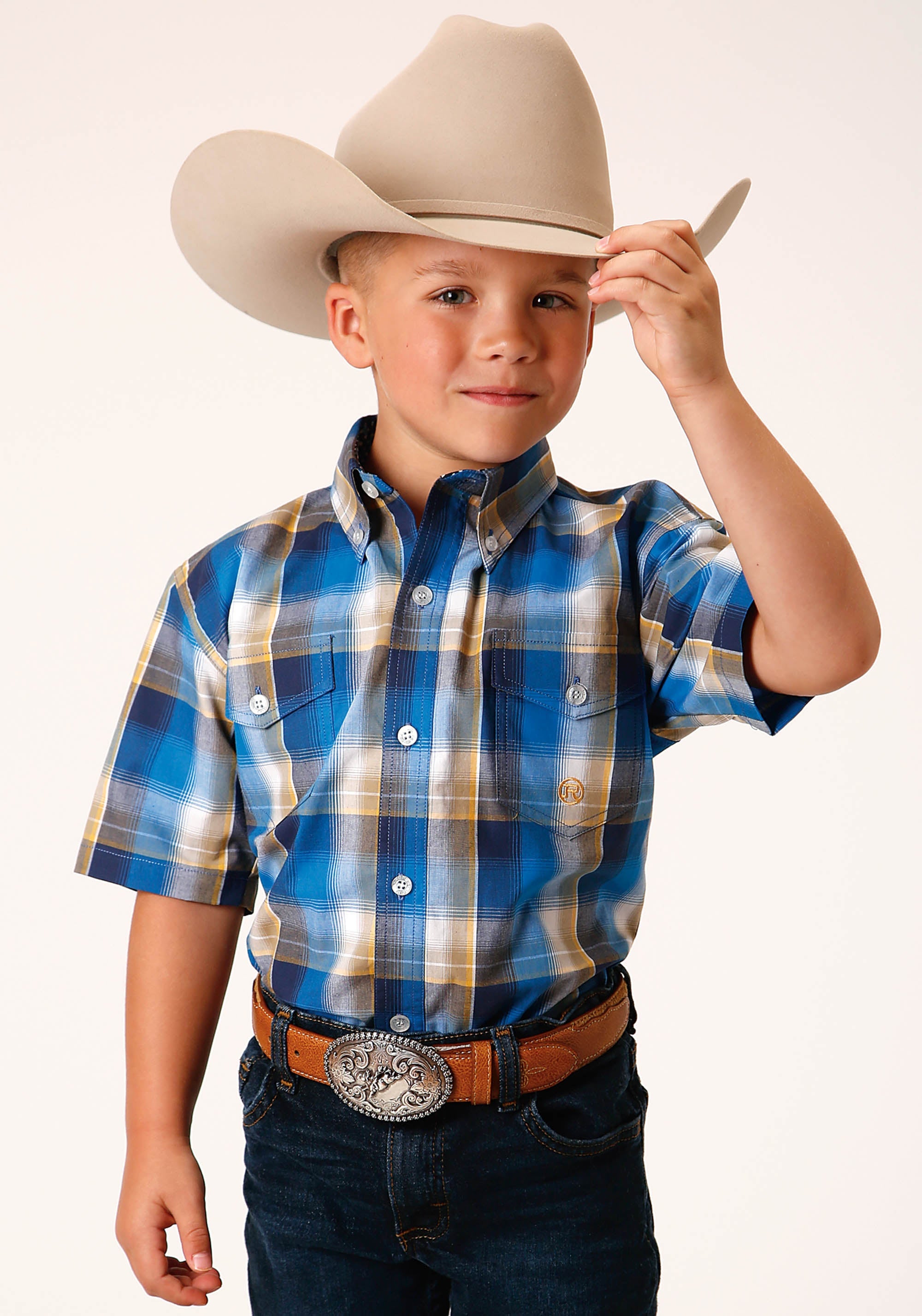 Roper Boys Short Sleeve Button Clear Sky Plaid Western Shirt