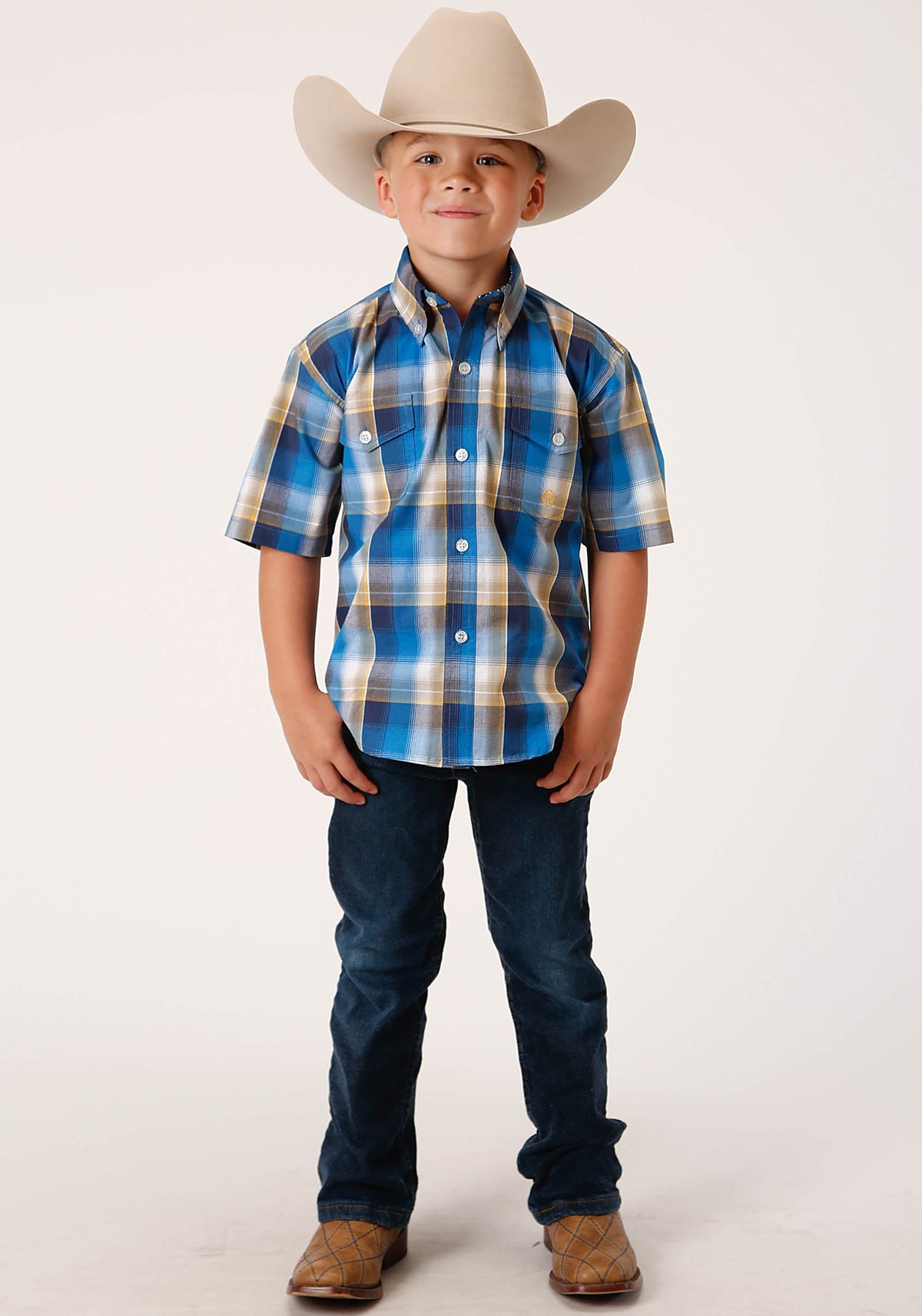 Roper Boys Short Sleeve Button Clear Sky Plaid Western Shirt