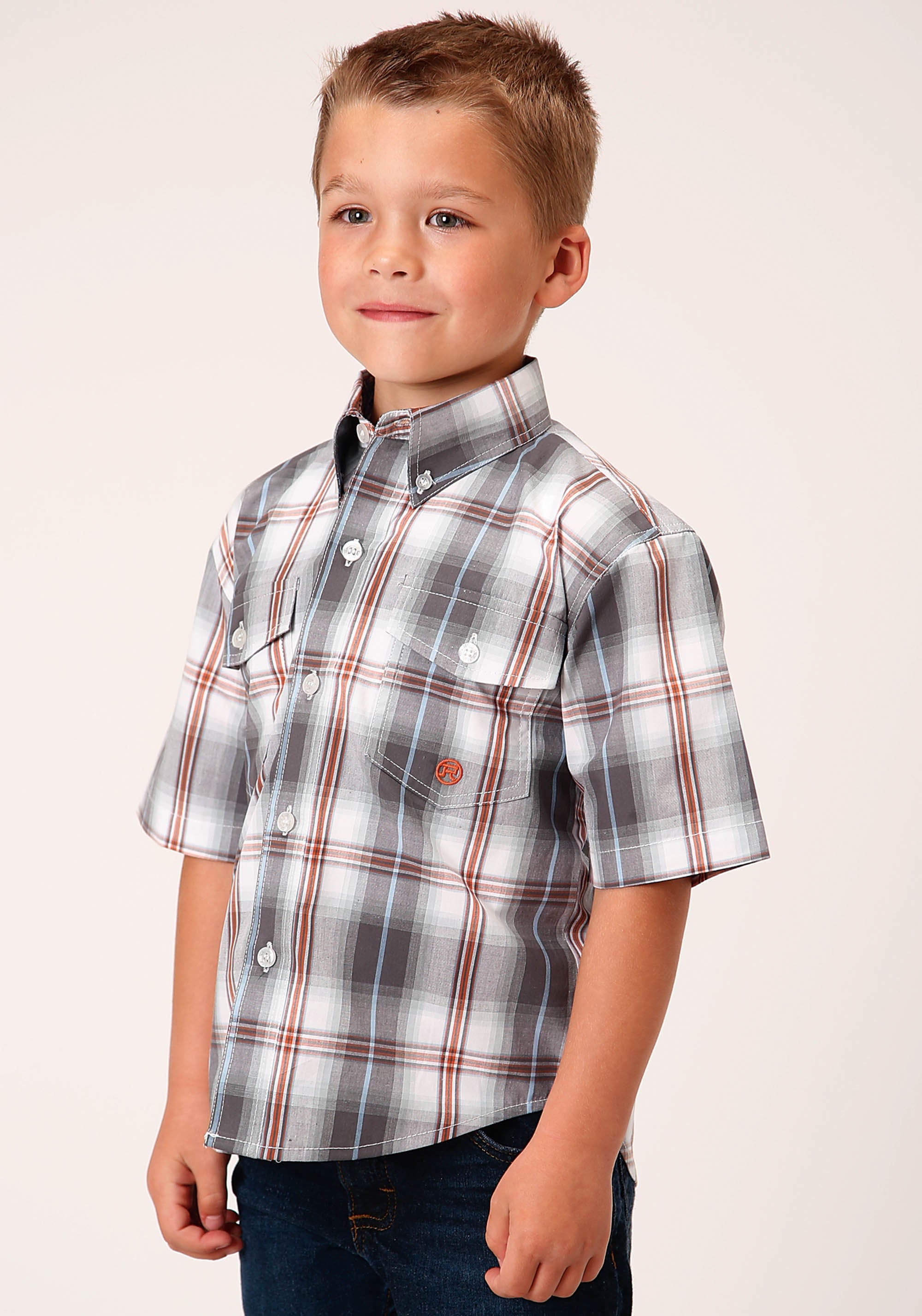 Roper Boys Short Sleeve Button Smokey Plaid Western Shirt