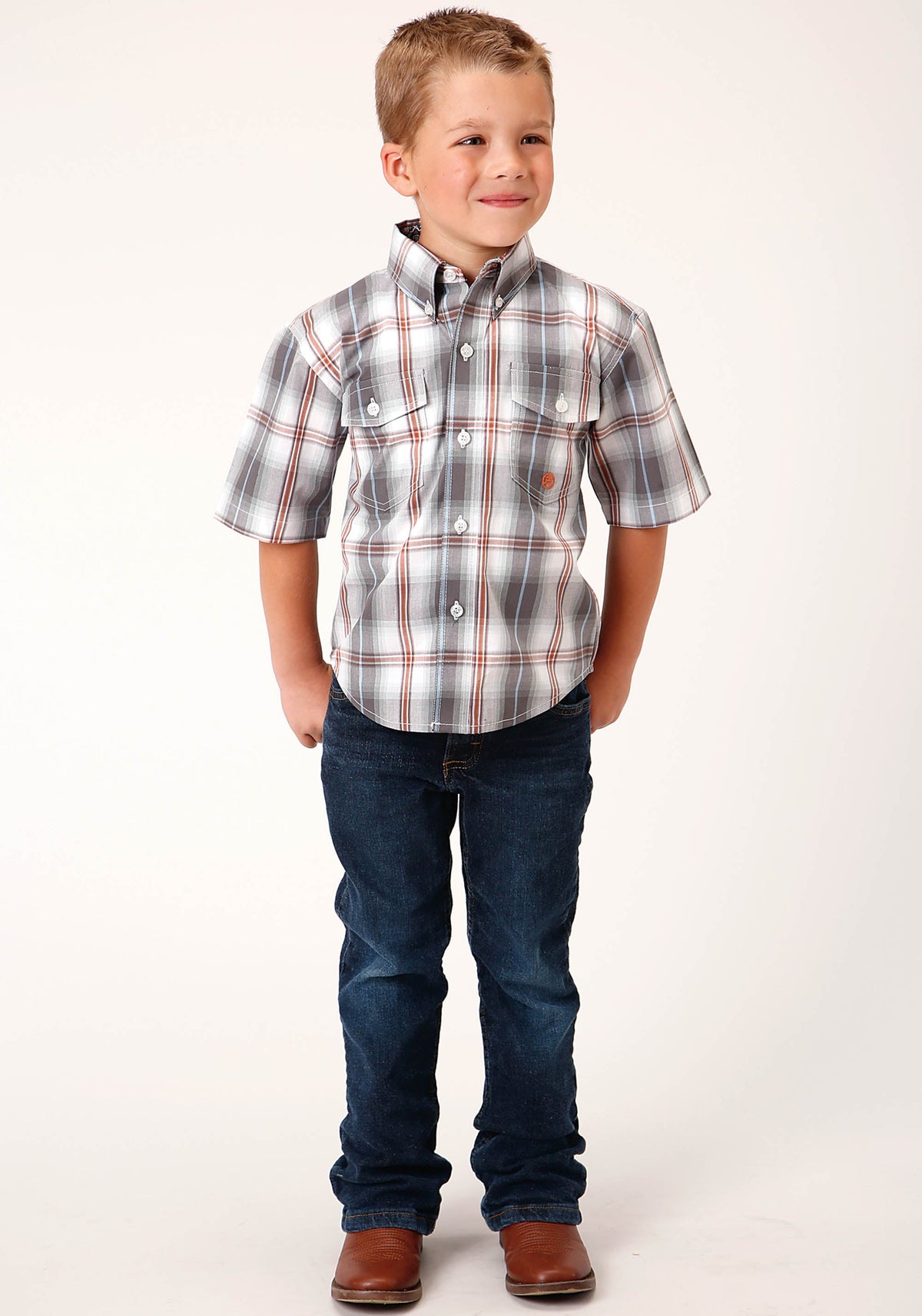 Roper Boys Short Sleeve Button Smokey Plaid Western Shirt