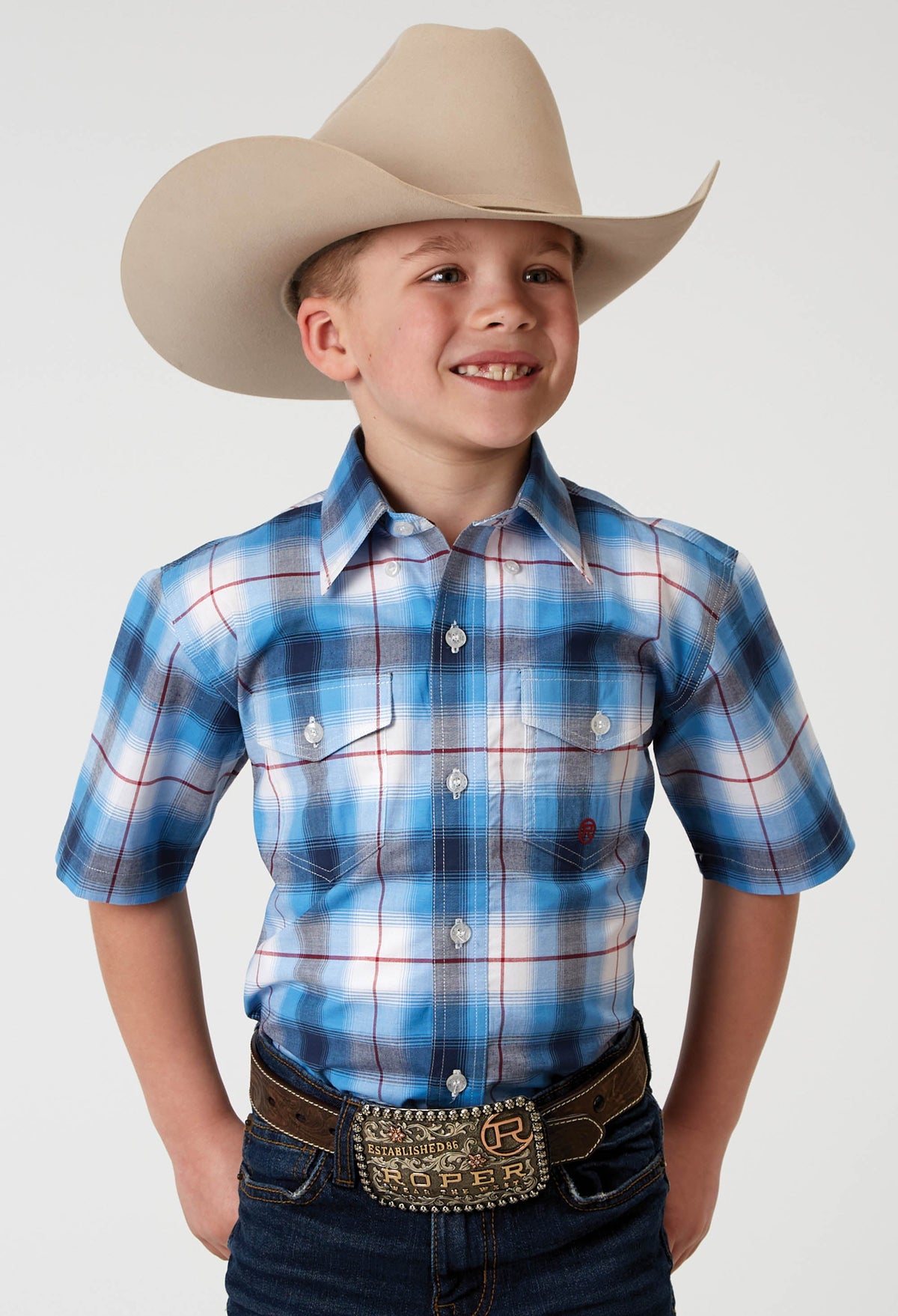 Roper Boys Short Sleeve Button Stretch Poplin Blue Plaid Western Shirt