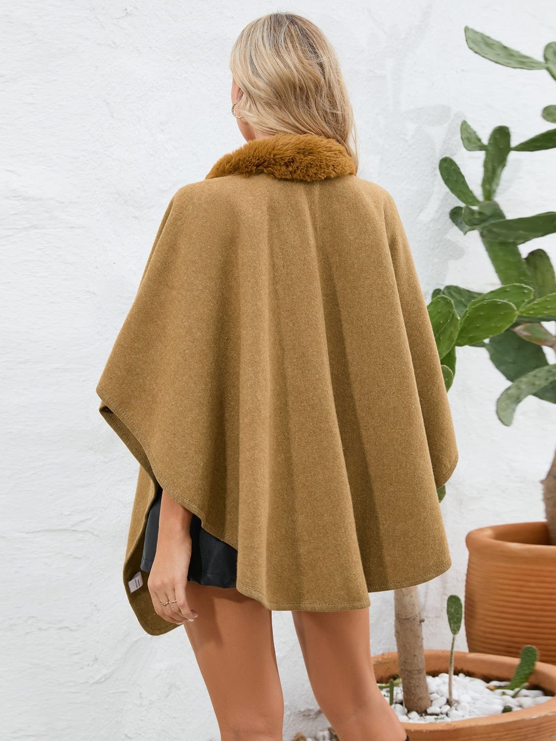 Fuzzy Trim Open Front Poncho - Trendsi