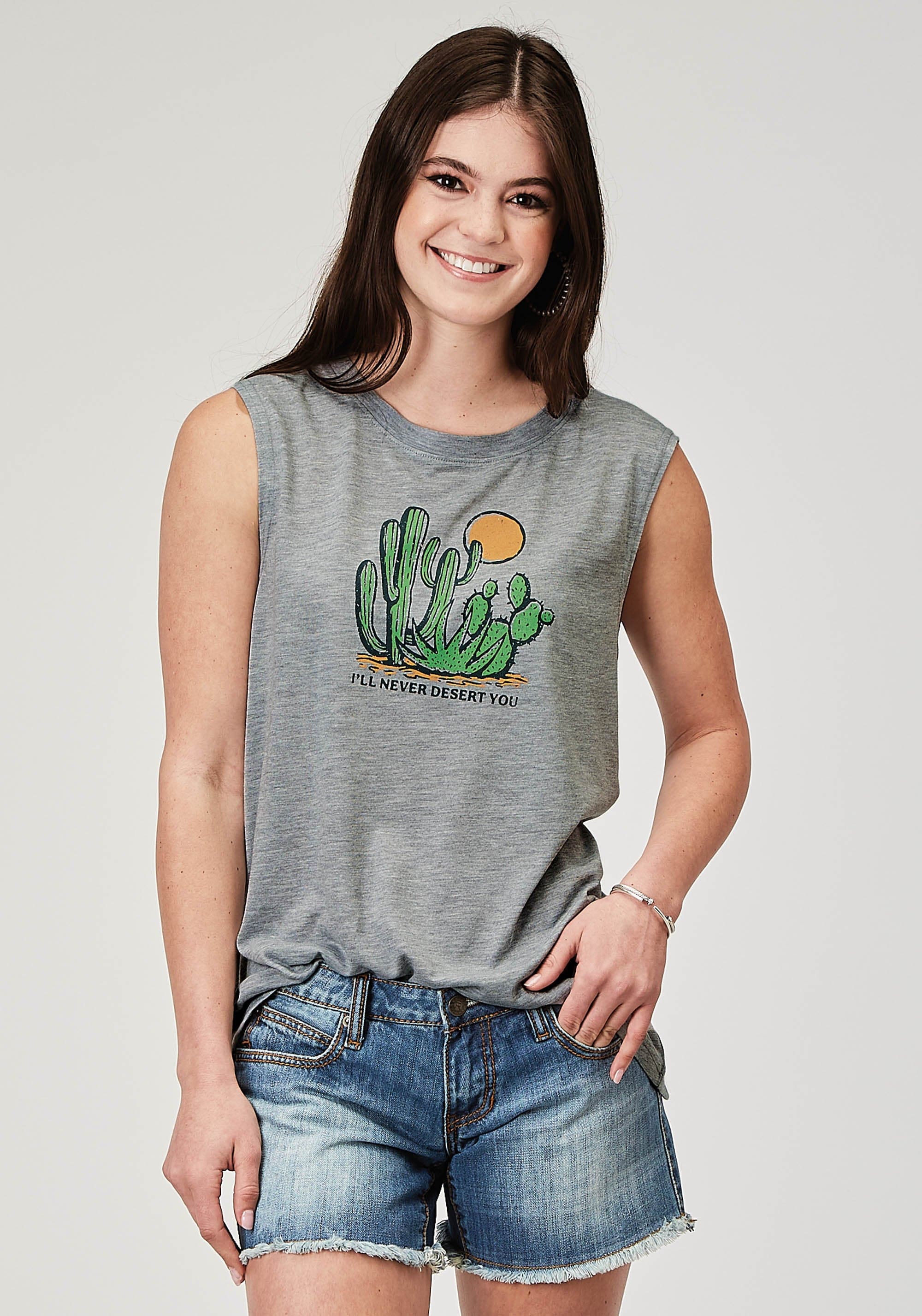 Roper Womens Sleeveless Light Grey Poly Rayon T Shirt With Screen Print Decoration - Roper