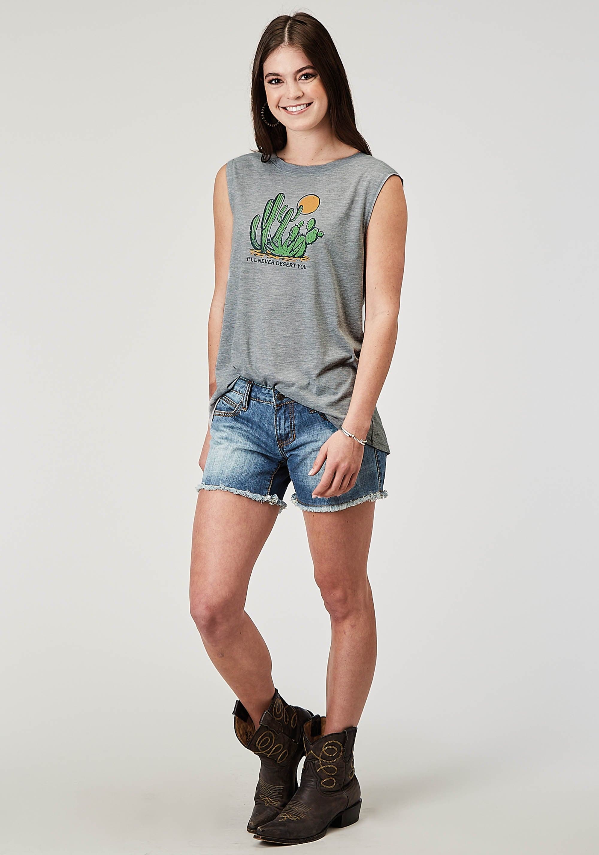 Roper Womens Sleeveless Light Grey Poly Rayon T Shirt With Screen Print Decoration - Roper