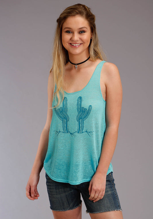 Roper Womens Turquoise Cactus Print Sleeveless Knit Top