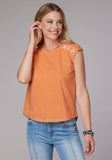 Roper Womens Sleeveless Cotton Slub Jersey T Shirt With Embroidery Drop Shoulders