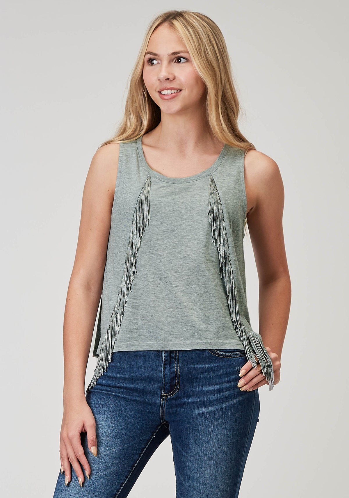 Roper Womens Sleeveless Light Grey Poly Rayon Scoop Neck Tank Top With Self Fringe Hi Low Swing Hemline