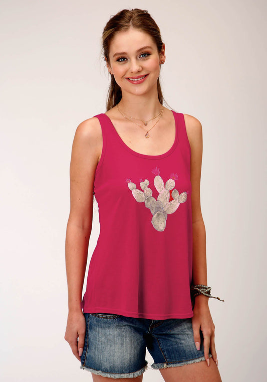 Roper Womens Pink With Cactus Screen Print Sleeveless Knit Top