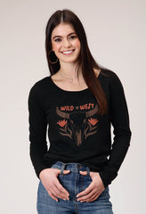 Roper Womens Long Sleeve Jet Black Cotton Slub Scoop Neck Tee With Screen Print Decoration