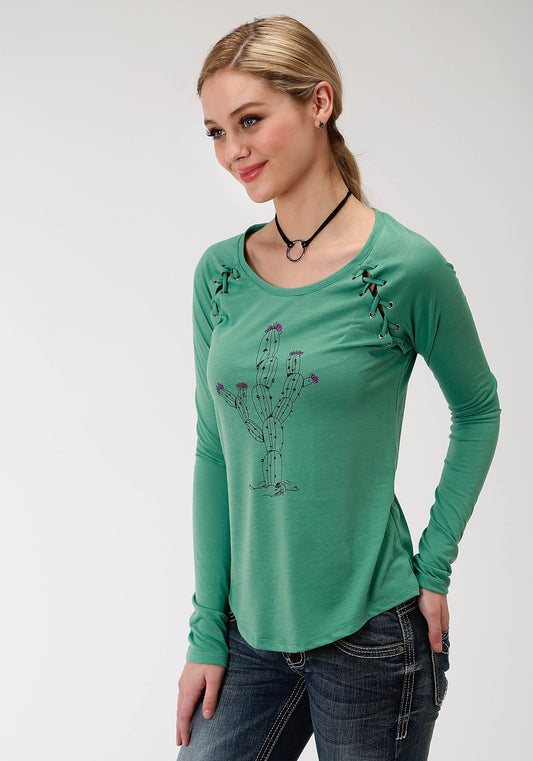 Roper Womens Green With Screen Print Cactus Long Sleeve Knit Top