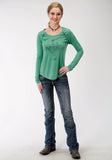 Roper Womens Green With Screen Print Cactus Long Sleeve Knit Top