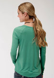 Roper Womens Green With Screen Print Cactus Long Sleeve Knit Top