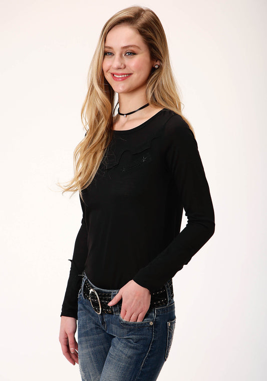 Roper Womens Black With Smile Pocket Long Sleeve Knit Top - Roper