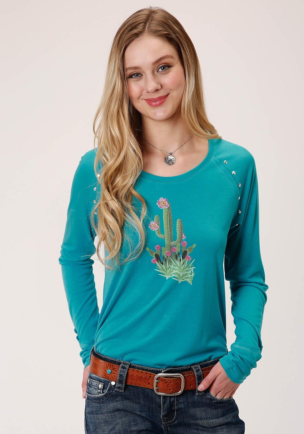 Roper Womens Turquoise With Cactus Screen Print Long Sleeve Knit Top - Roper