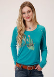 Roper Womens Turquoise With Cactus Screen Print Long Sleeve Knit Top - Roper