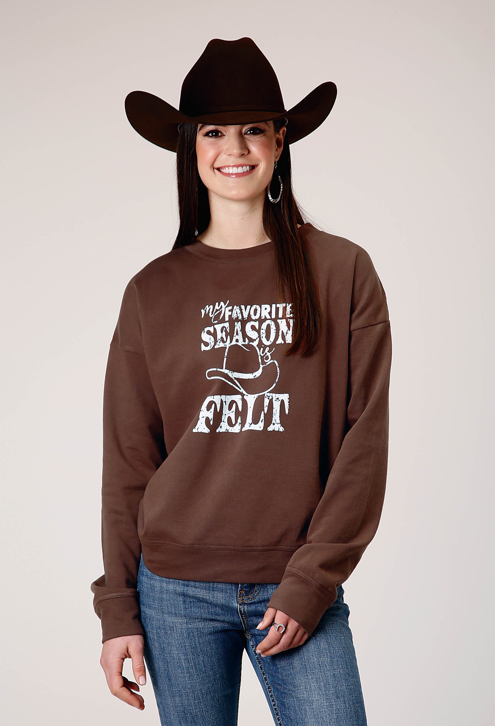 Roper Womens Long Sleeve Dark Brown Cotton Fleece Top With Crew Neck Screen Print Decoration