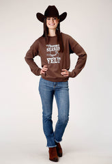 Roper Womens Long Sleeve Dark Brown Cotton Fleece Top With Crew Neck Screen Print Decoration - Roper