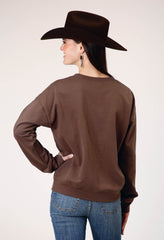 Roper Womens Long Sleeve Dark Brown Cotton Fleece Top With Crew Neck Screen Print Decoration - Roper