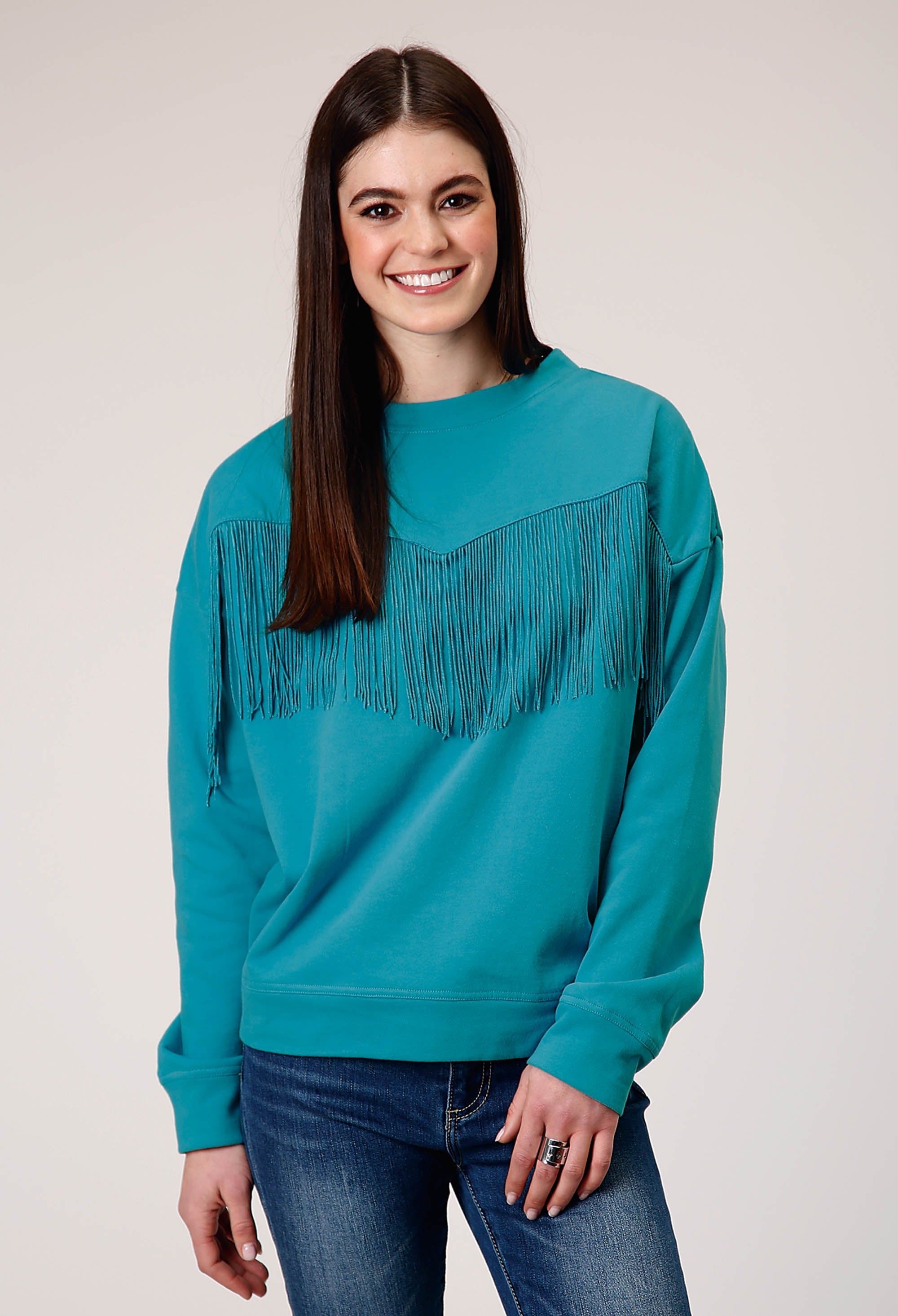 Roper Womens Long Sleeve Cotton Fleece Crew Neck Top With Matching Poly Fringe Center Front - Roper