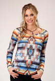 Roper Womens Long Sleeve Sweater Knit Top With Allover Sublimation Print