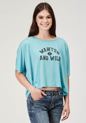 Roper Womens Short Sleeve Light Blue Poly Rayon Crop Swing Tee With Oversized Fit Dolman Sleeve Screen Print