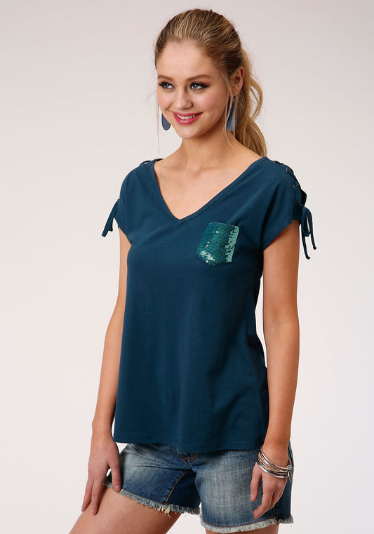 Roper Womens Blue With Sequin Pocket Detail Short Sleeve Knit Top - Roper