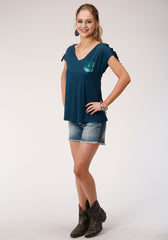 Roper Womens Blue With Sequin Pocket Detail Short Sleeve Knit Top