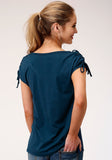 Roper Womens Blue With Sequin Pocket Detail Short Sleeve Knit Top