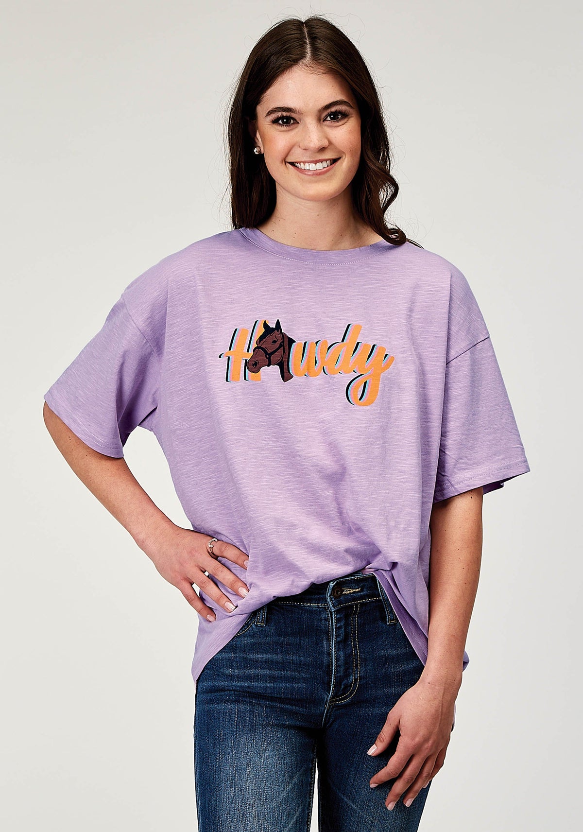 Roper Womens Short Sleeve Lilac Cotton Jersey Slub Tee With Oversized Screen Print Decoration