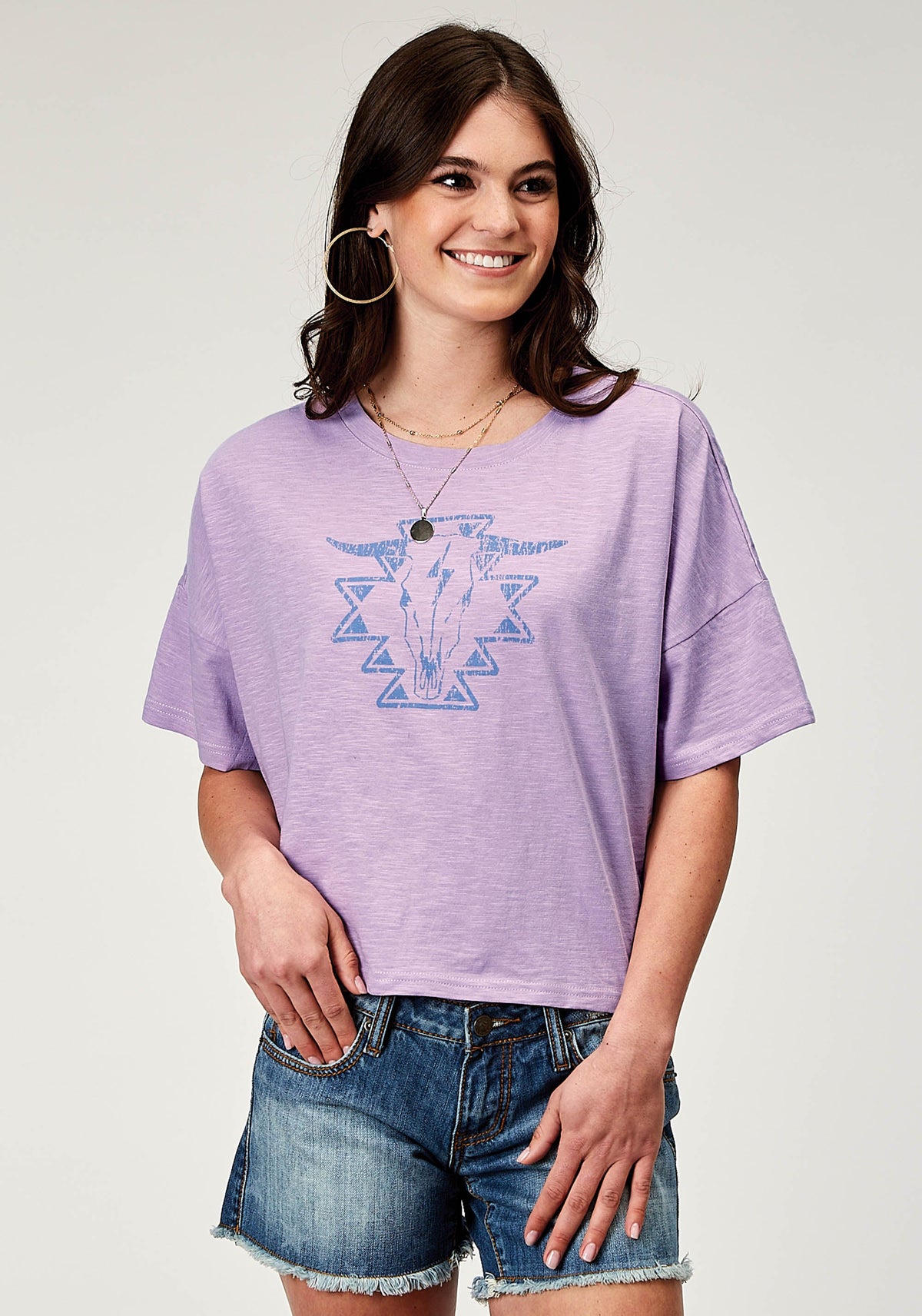 Roper Womens Short Sleeve Lilac Cotton Jersey Slub Tee With Oversized Cropped Screen Print Decoration