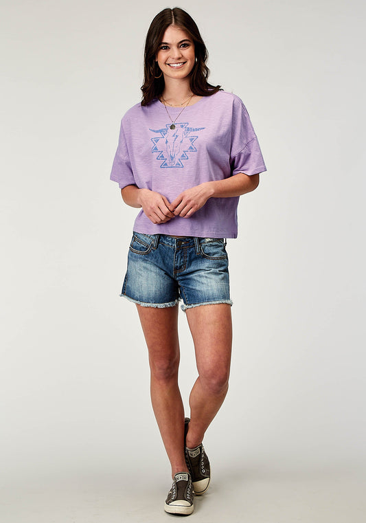 Roper Womens Short Sleeve Lilac Cotton Jersey Slub Tee With Oversized Cropped Screen Print Decoration - Roper