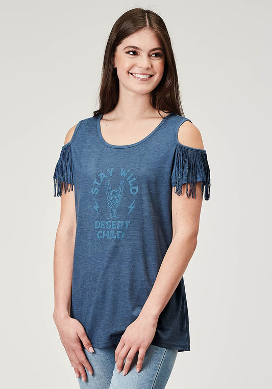 Roper Womens Short Sleeve Navy Blue Poly Rayon Tee With Cold Shoulder And Poly Fringe Screen Print - Roper