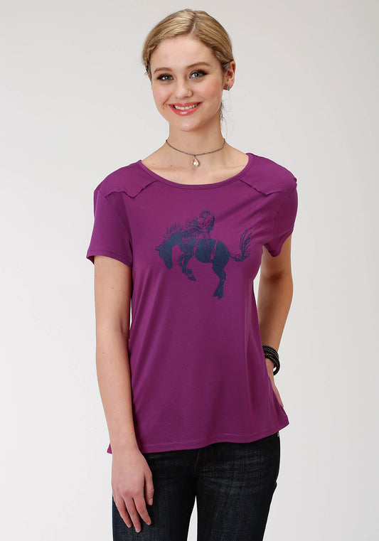 Roper Womens Purple With Bronc Rider Screen Print Short Sleeve Knit Top - Roper