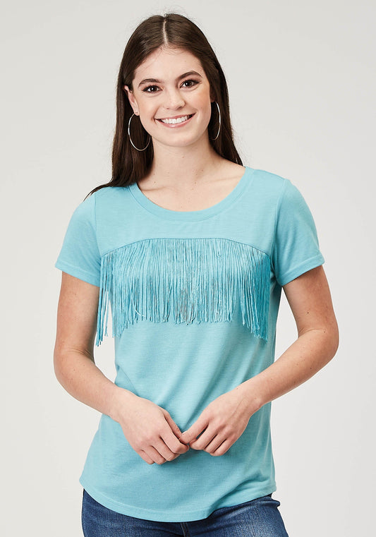 Roper Womens Short Sleeve Light Blue Poly Rayon Tee With Front Yoke And Poly Fringe - Roper