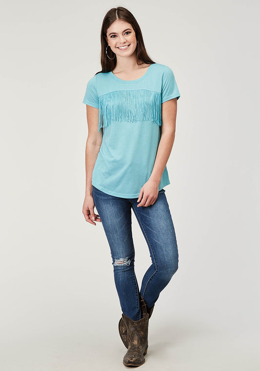 Roper Womens Short Sleeve Light Blue Poly Rayon Tee With Front Yoke And Poly Fringe