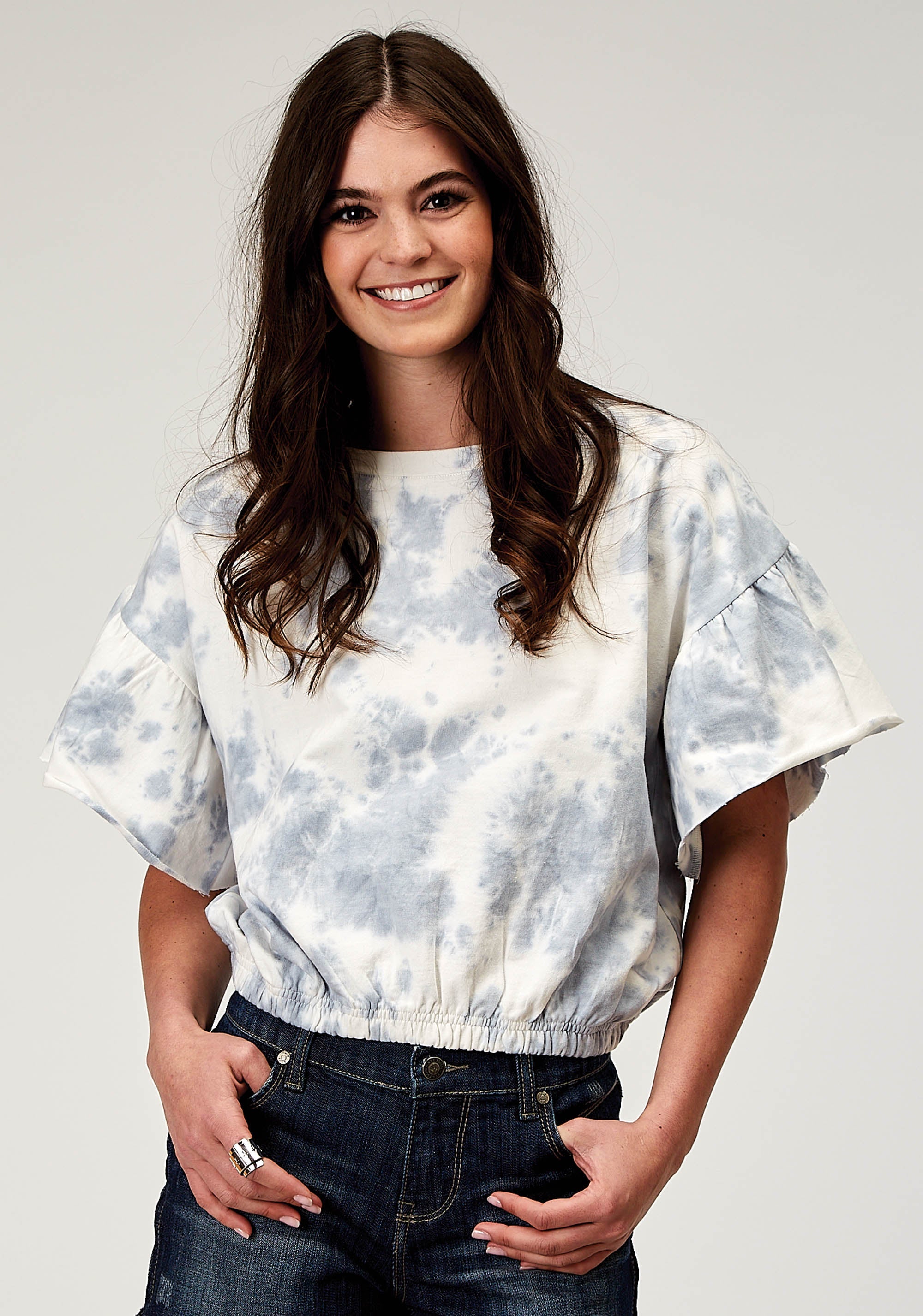 Roper Womens Short Sleeve Blue White Tie Dye French Terry Top With Crew Neck Short Flutter Sleeves Cropped - Roper