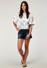 Roper Womens Short Sleeve Blue White Tie Dye French Terry Top With Crew Neck Short Flutter Sleeves Cropped