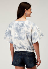 Roper Womens Short Sleeve Blue White Tie Dye French Terry Top With Crew Neck Short Flutter Sleeves Cropped