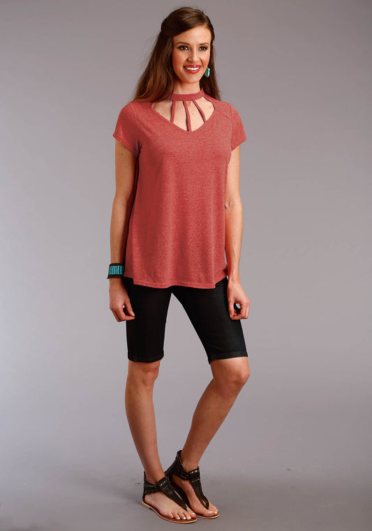 Roper Womens Red Solid Short Sleeve Knit Top