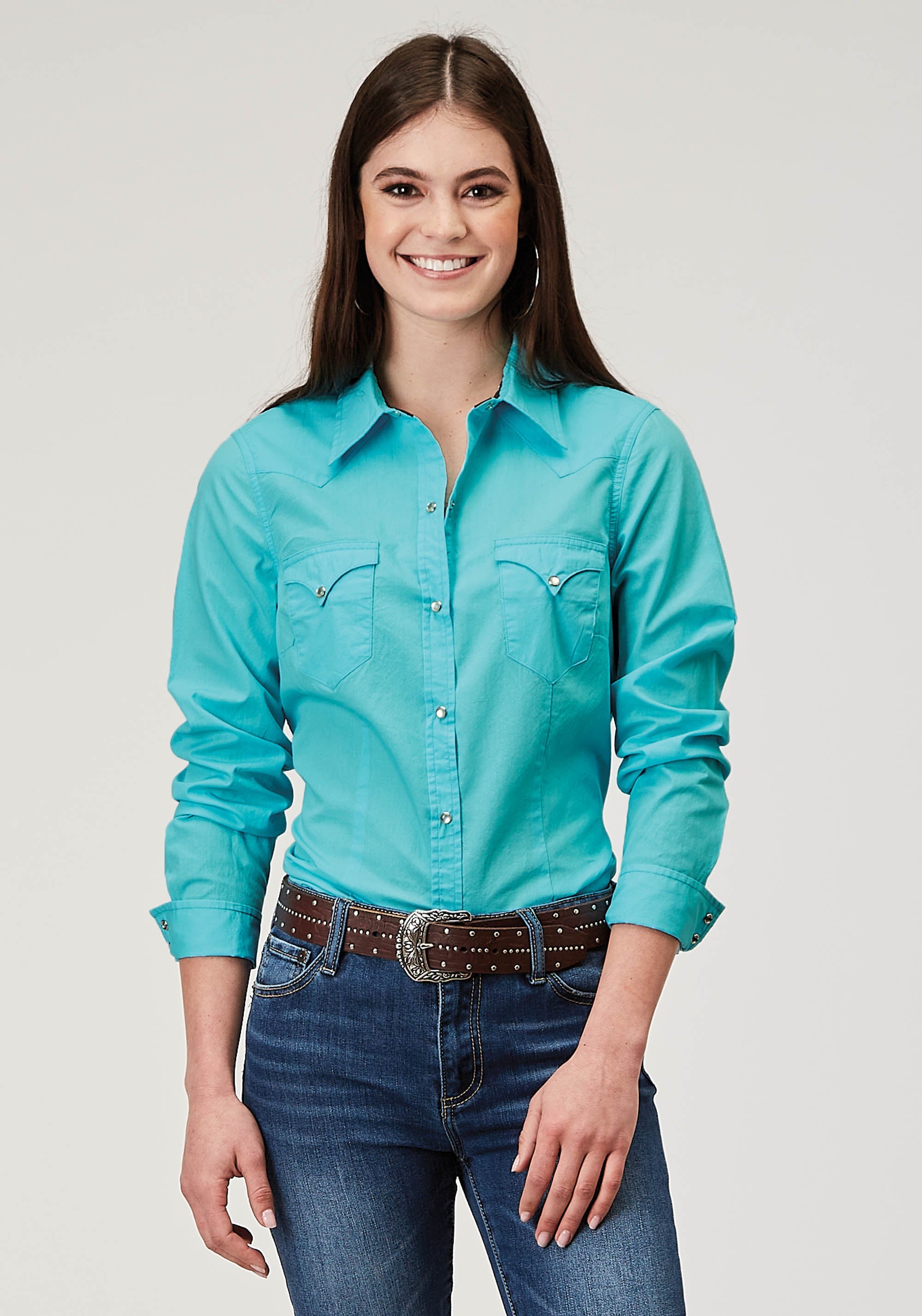 Roper Womens Long Sleeve Snap Solid Poplin Turquoise Western Shirt