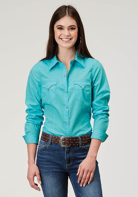 Roper Womens Long Sleeve Snap Solid Poplin Turquoise Western Shirt - Roper