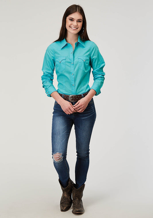 Roper Womens Long Sleeve Snap Solid Poplin Turquoise Western Shirt - Roper