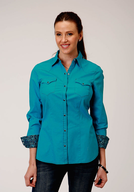 Roper Womens Long Sleeve Snap Solid Poplin  Deep Teal Western Shirt