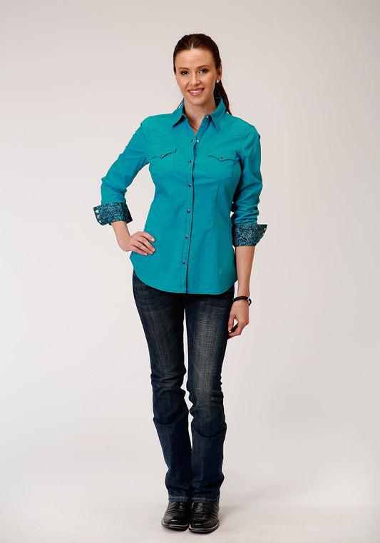 Roper Womens Long Sleeve Snap Solid Poplin  Deep Teal Western Shirt