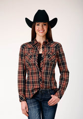 Roper Womens Long Sleeve Snap Arrow Dobby Plaid Western Shirt